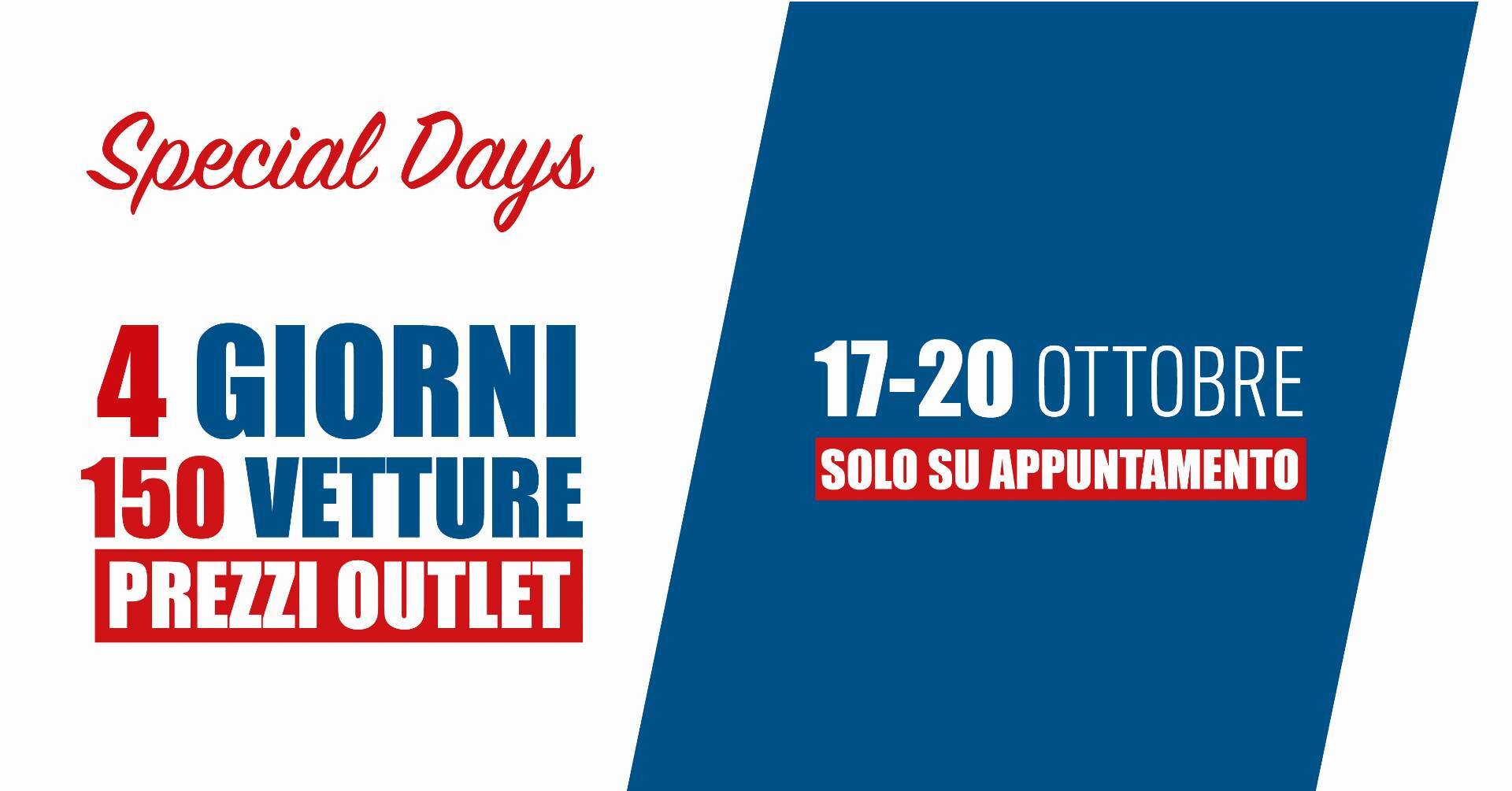 Locandina tipica del Gruppo Brandini per indicare l'inizio della promozione Special Days. Nel banner c'è scritto "4 giorni", "150 vetture", "prezzi outlet" e la data della promozione che va dal 17 al 20 Ottobre 2024 (solo su appuntamento)