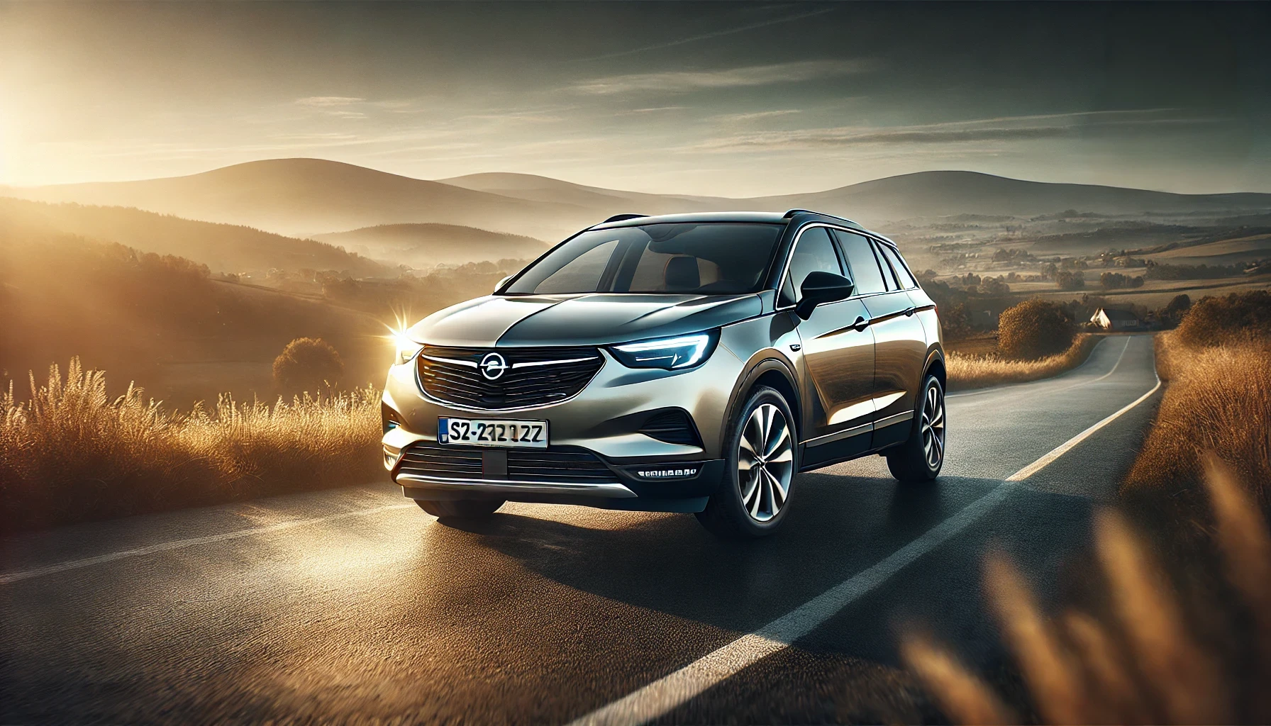 Nuova Opel Grandland Hybrid su una strada panoramica con le colline del Chianti sullo sfondo, perfettamente illuminata dal sole, ideale per promuovere le sue caratteristiche eleganti e moderne.