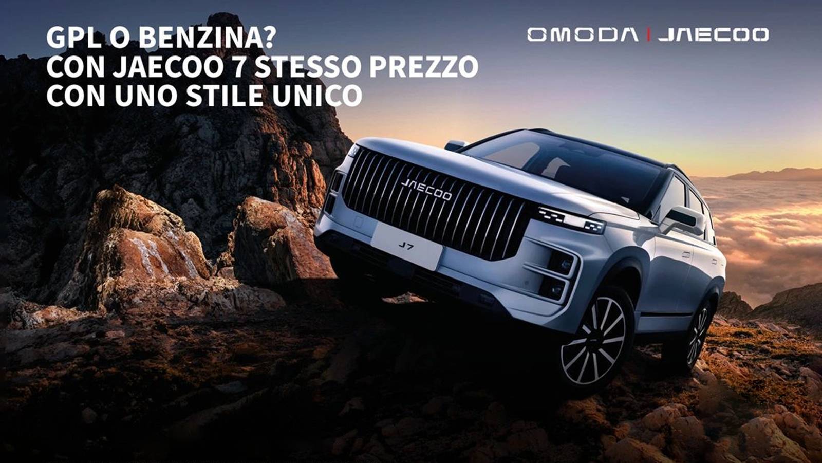 Locandina della Jaecoo 7 GPL con offerta a partire da 31.900€, presentata su uno sfondo montano, evidenziando stile e versatilità, disponibile presso Brandini Fiat Firenze Fonderia.