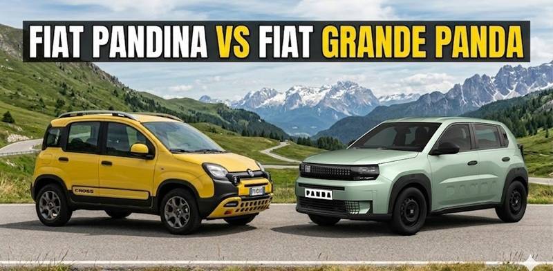 Due modelli di Fiat Panda parcheggiati su una strada di montagna panoramica con le Dolomiti sullo sfondo. A sinistra, una Panda Cross di colore giallo; a destra, una Panda di colore blu. In alto, un banner testuale recita "FIAT PANDINA VS FIAT GRANDE PAND